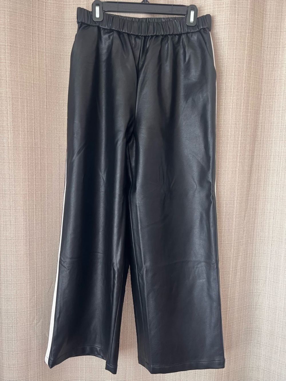 Maeve Anthropologie Black Faux Leather Pull On Track Pants Wide Leg Side Stripe - Picture 3 of 8